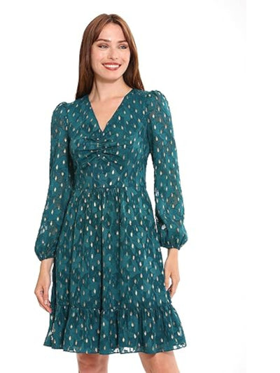 LONDON TIMES PETITES Womens Teal Ruched Zippered Ruffled Hem Lined Long Sleeve V Neck Above The Knee Wear To Work Fit + Flare Dress Petites 4P