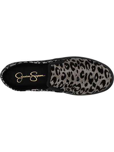JESSICA SIMPSON Womens Black Leopard Print Side Gore Cushioned Dinellia Round Toe Platform Slip On Flats Shoes M