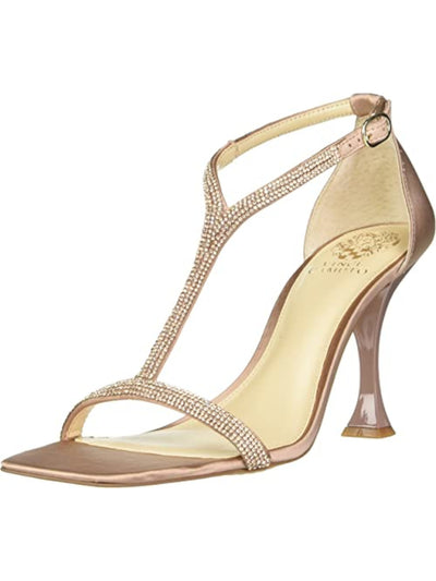 VINCE CAMUTO Womens Gold Rhinestone T-Strap Sorthand Square Toe Flare Buckle Dress Heeled Sandal 6 M