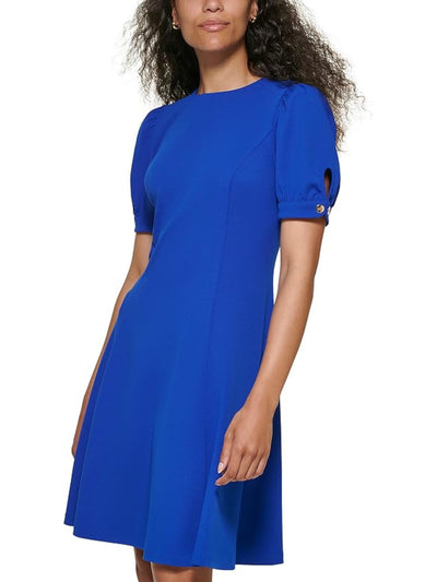 DKNY Womens Blue Zippered Button Trimmed Cuffs Short Sleeve Jewel Neck Above The Knee Wear To Work Fit + Flare Dress 10