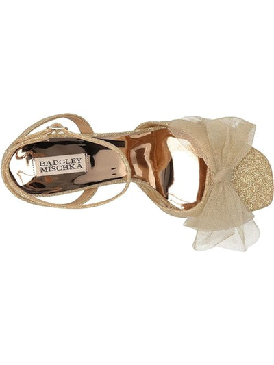 BADGLEY MISCHKA Womens Gold Ankle Strap Bow Accent Glitter Tess Square Toe Block Heel Buckle Heeled Sandal 9.5