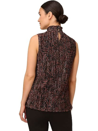 ADRIANNA PAPELL Womens Black Smocked Pleated Keyhole Back Lined Printed Sleeveless Mock Neck Wear To Work Top S
