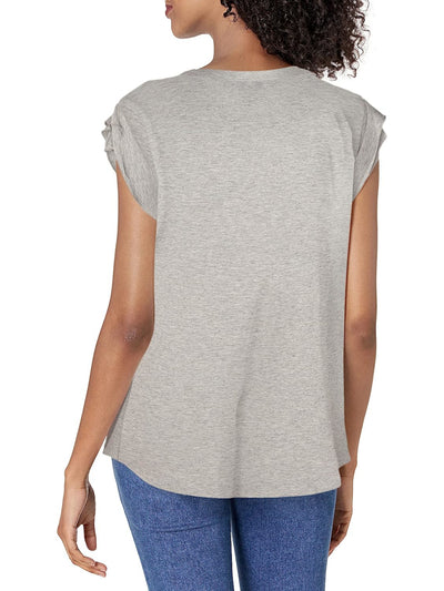 FRAYED JEANS Womens Gray Textured Graphic Cap Sleeve Crew Neck T-Shirt L