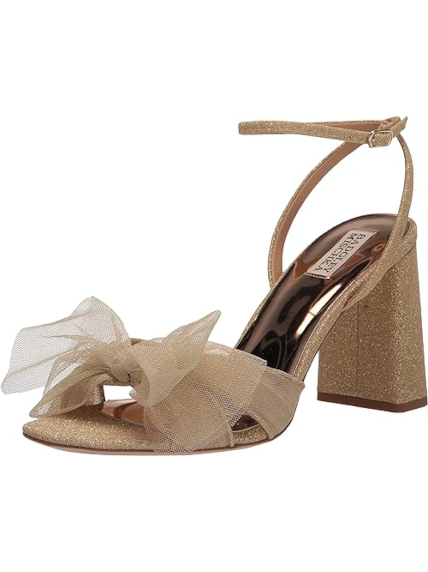 BADGLEY MISCHKA Womens Gold Ankle Strap Bow Accent Glitter Tess Square Toe Block Heel Buckle Heeled Sandal 9.5