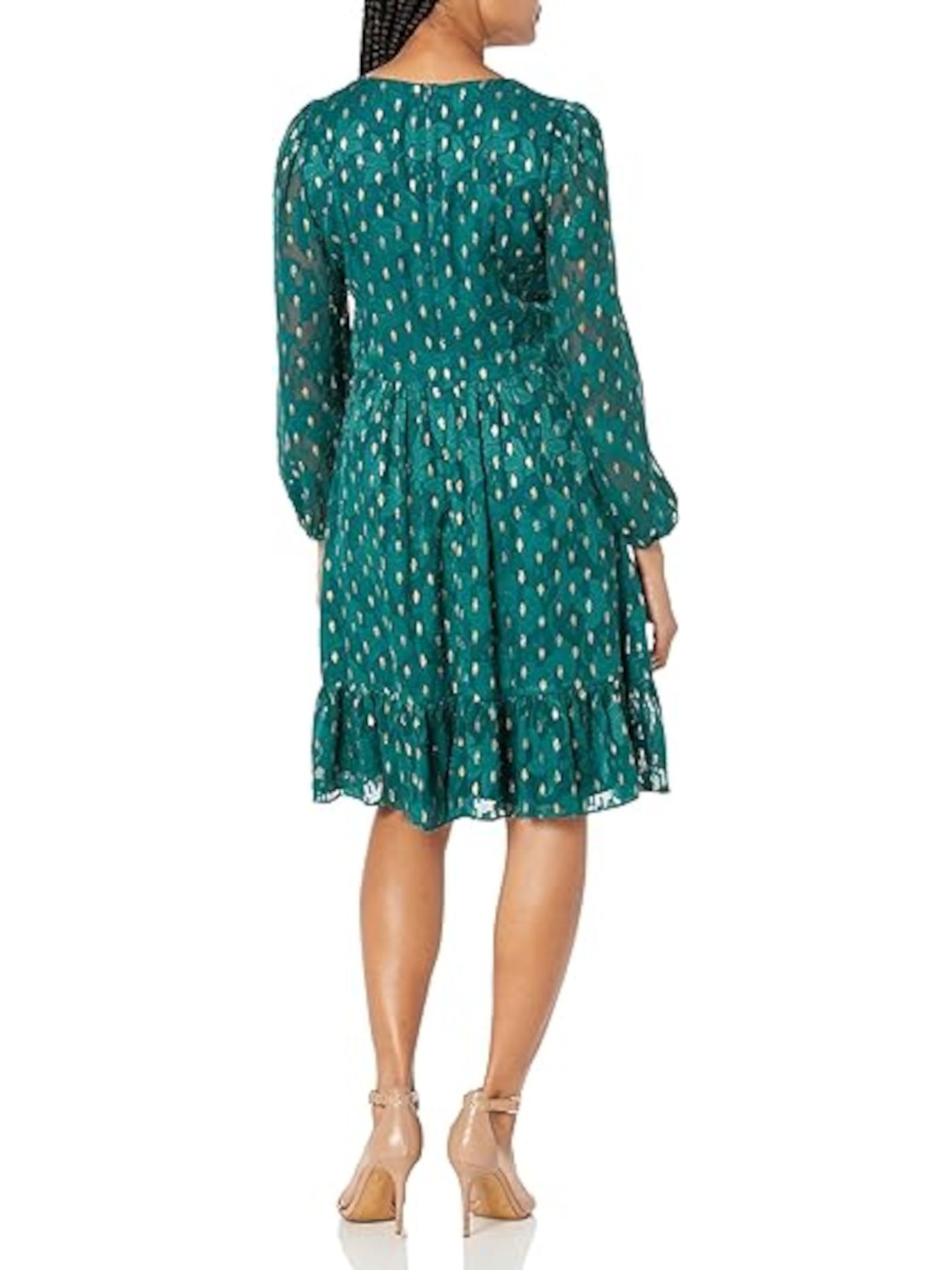 LONDON TIMES PETITES Womens Teal Ruched Zippered Ruffled Hem Lined Long Sleeve V Neck Above The Knee Wear To Work Fit + Flare Dress Petites 4P
