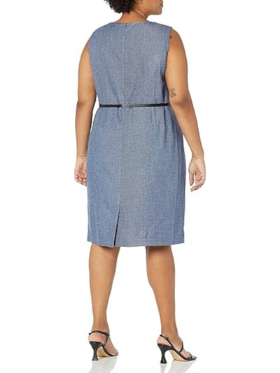 KASPER Womens Blue Lined Zippered Belted Sleeveless V Neck Knee Length Wear To Work Shift Dress Plus 24W