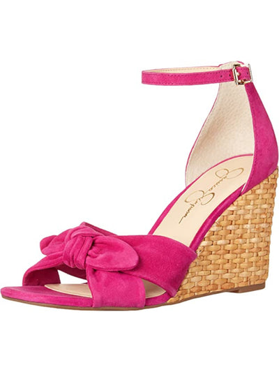 JESSICA SIMPSON Womens Pink Woven Padded Adjustable Bow Accent Ankle Strap Delirah Square Toe Wedge Buckle Leather Dress Sandals Shoes 10 M