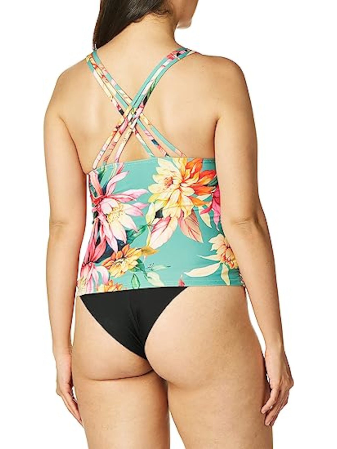 LA BLANCA Women's Green Floral Ruched Sides Deep V Neck Strappy Tankini Swimsuit Top 8