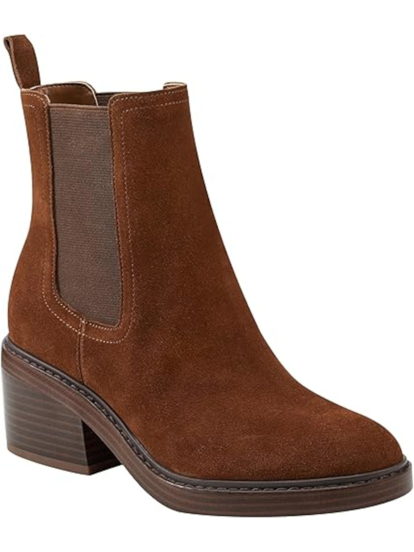 MARC FISHER Womens Brown Heel Pull-Tab Goring Padded Modesty Round Toe Stacked Heel Chelsea Boot 9 M