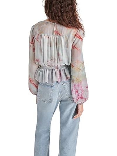 STEVE MADDEN Womens Green Smocked Lined Pyper Style Buttoned Back Keyhol Tie Dye Blouson Sleeve Round Neck Top XS