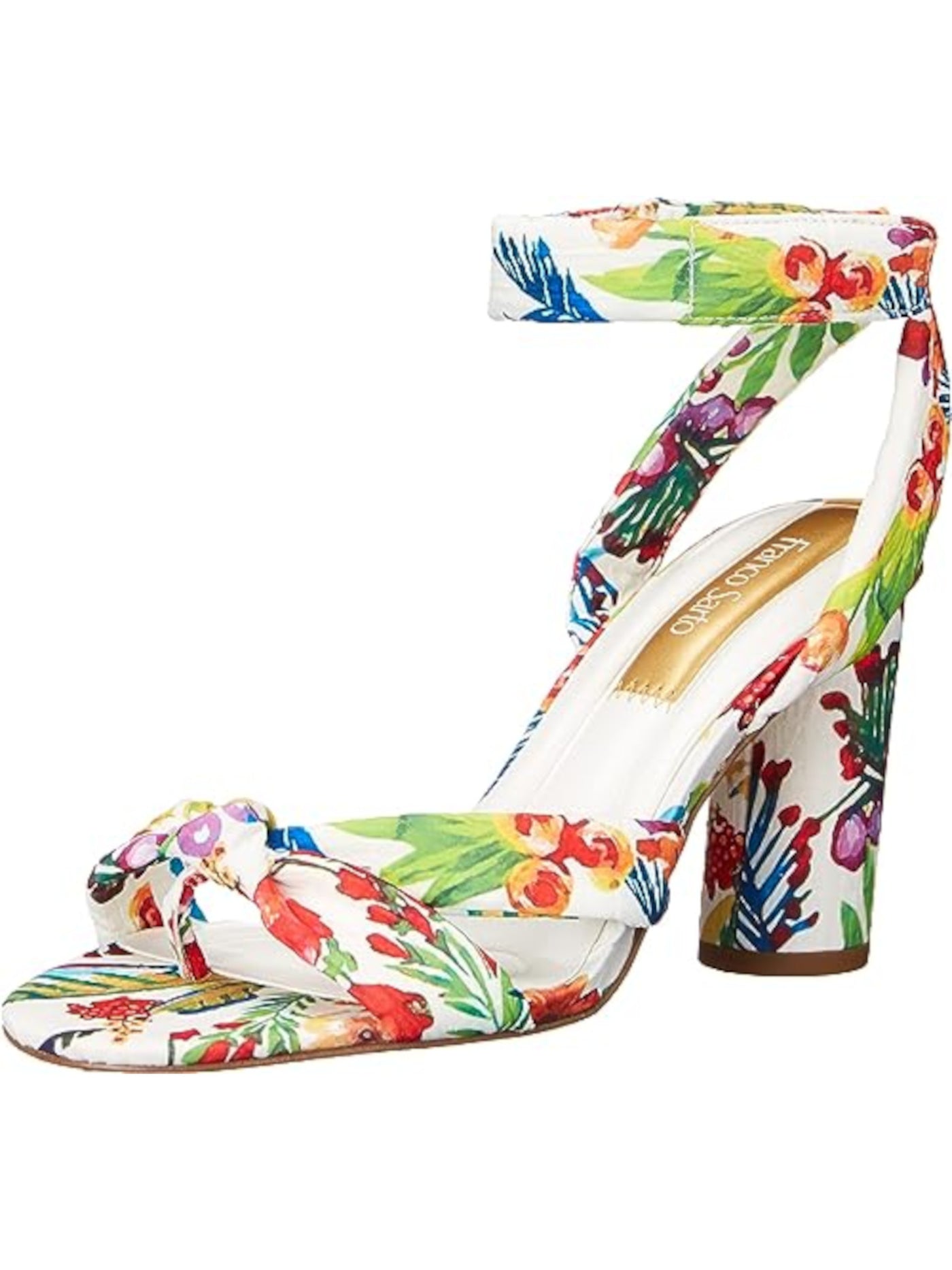 FRANCO SARTO Womens White Floral Ankle Strap Padded Oma Round Toe Block Heel Dress Heeled Sandal 5.5 M