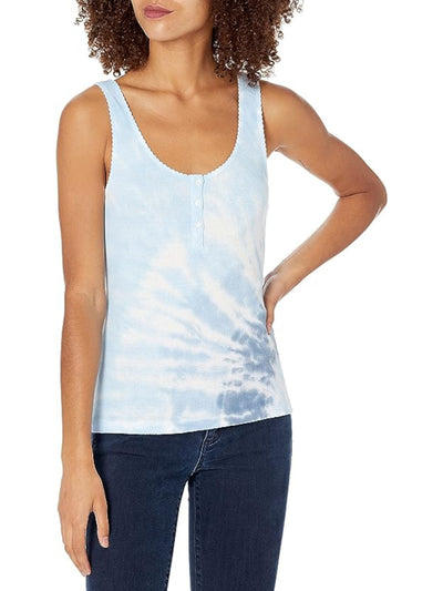 LUCKY BRAND Womens Blue Ribbed Scalloped Buttoned Henley Tie Dye Sleeveless Scoop Neck Tank Top XS
