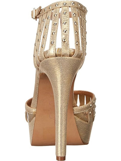 JESSICA SIMPSON Womens Gold Mixed Media Strappy Padded T-Strap Embellished Bakir Round Toe Stiletto Buckle Dress Pumps Shoes 9 M