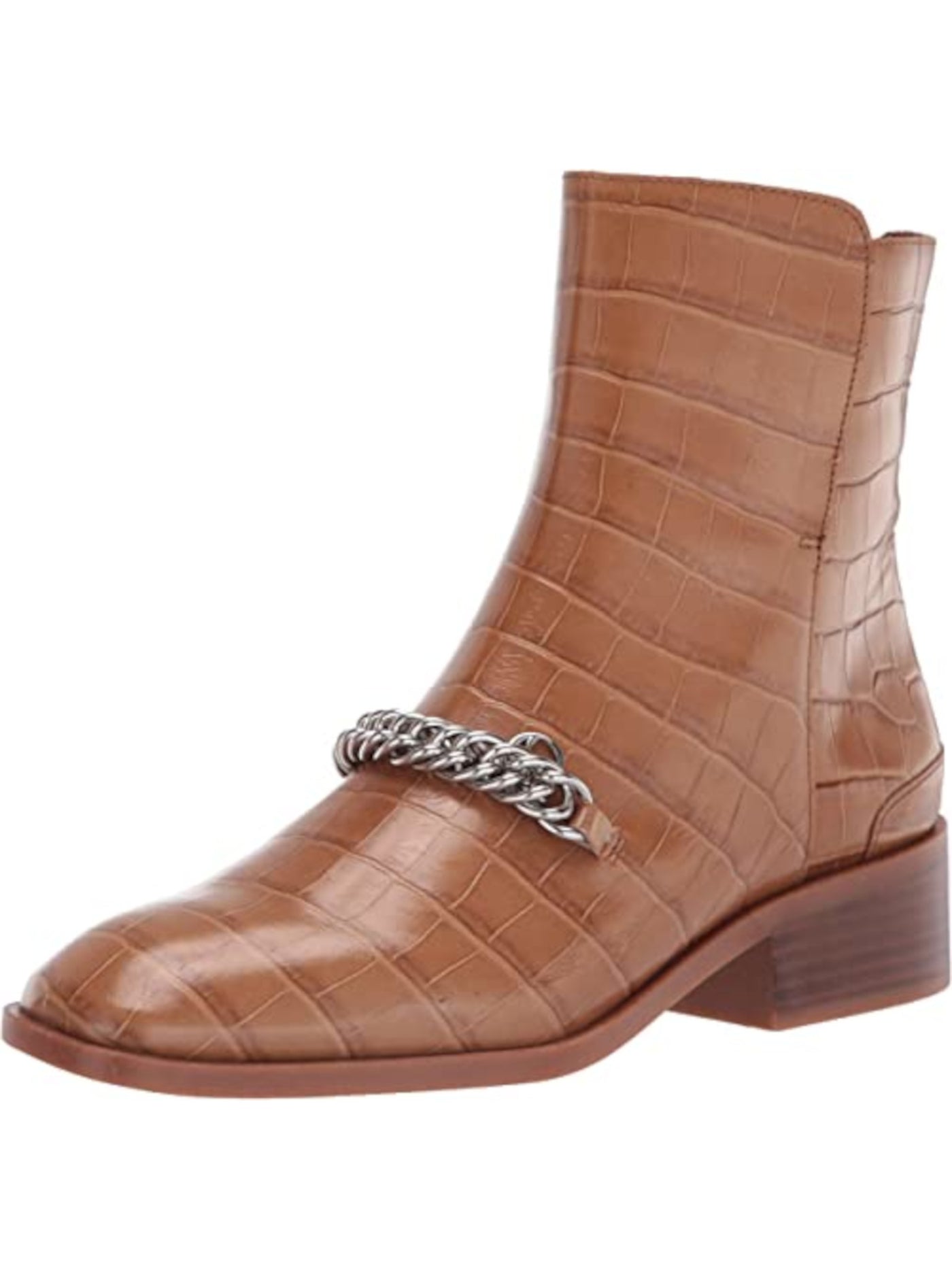 FRANCO SARTO Womens Brown Crocodile Chain Asymmetrical Padded Caleb Square Toe Block Heel Zip-Up Leather Booties 7 M