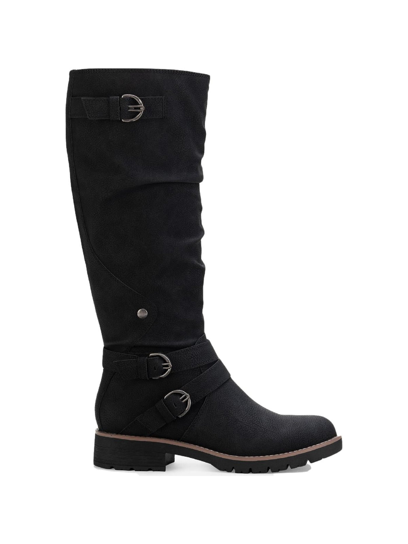 SUN STONE Womens Black Lug Sole Ruched Buckle Accent Stretch Brinley Round Toe Block Heel Zip-Up Riding Boot 9.5 M