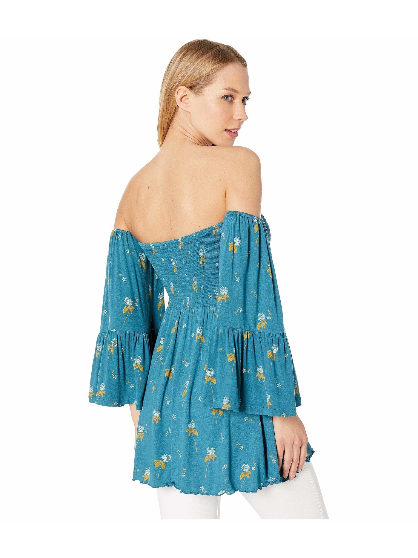 FREE PEOPLE Womens Teal Floral Long Sleeve Off Shoulder Tunic Top XS