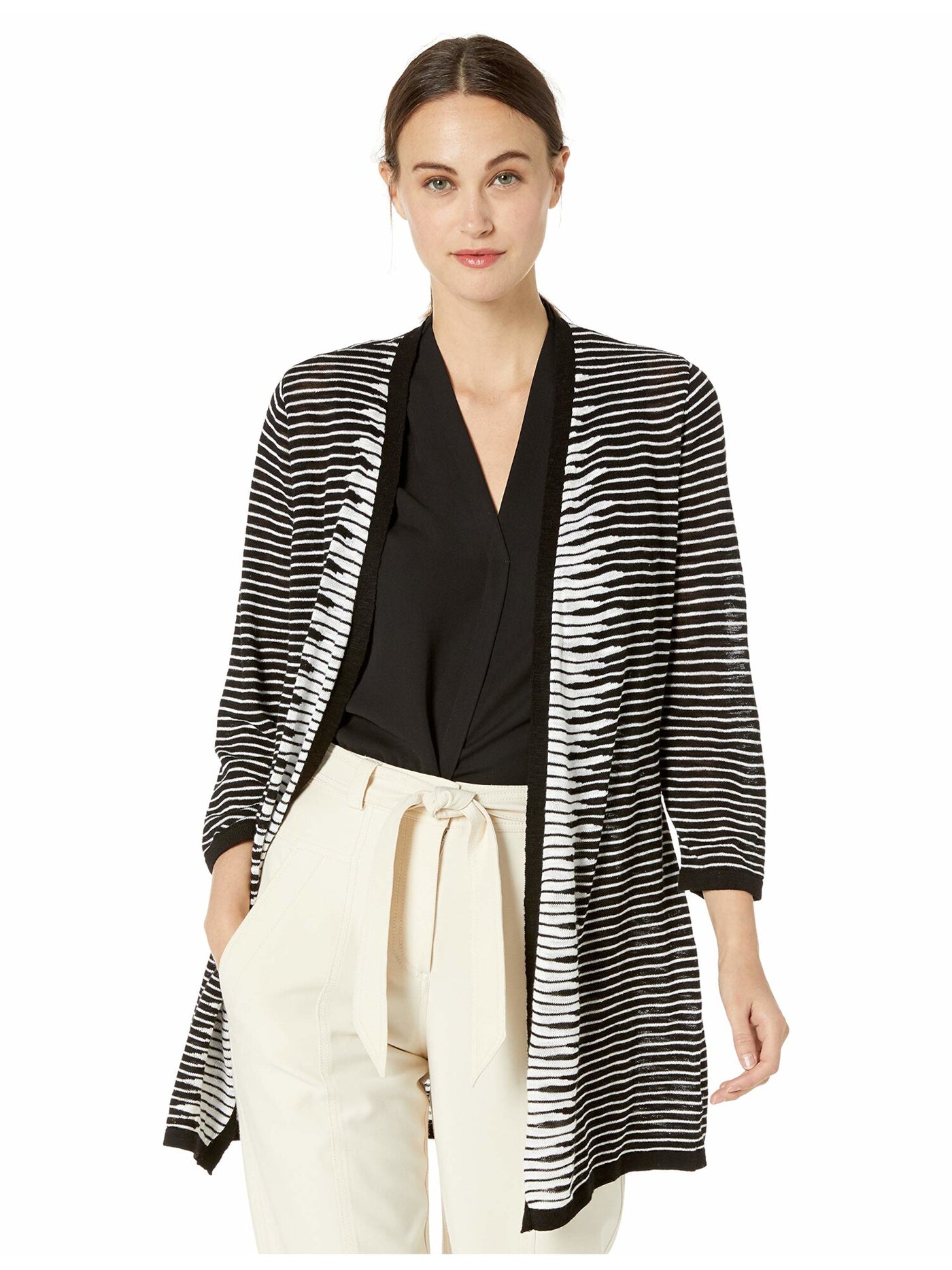 KASPER Womens Black Printed Open Cardigan Top S