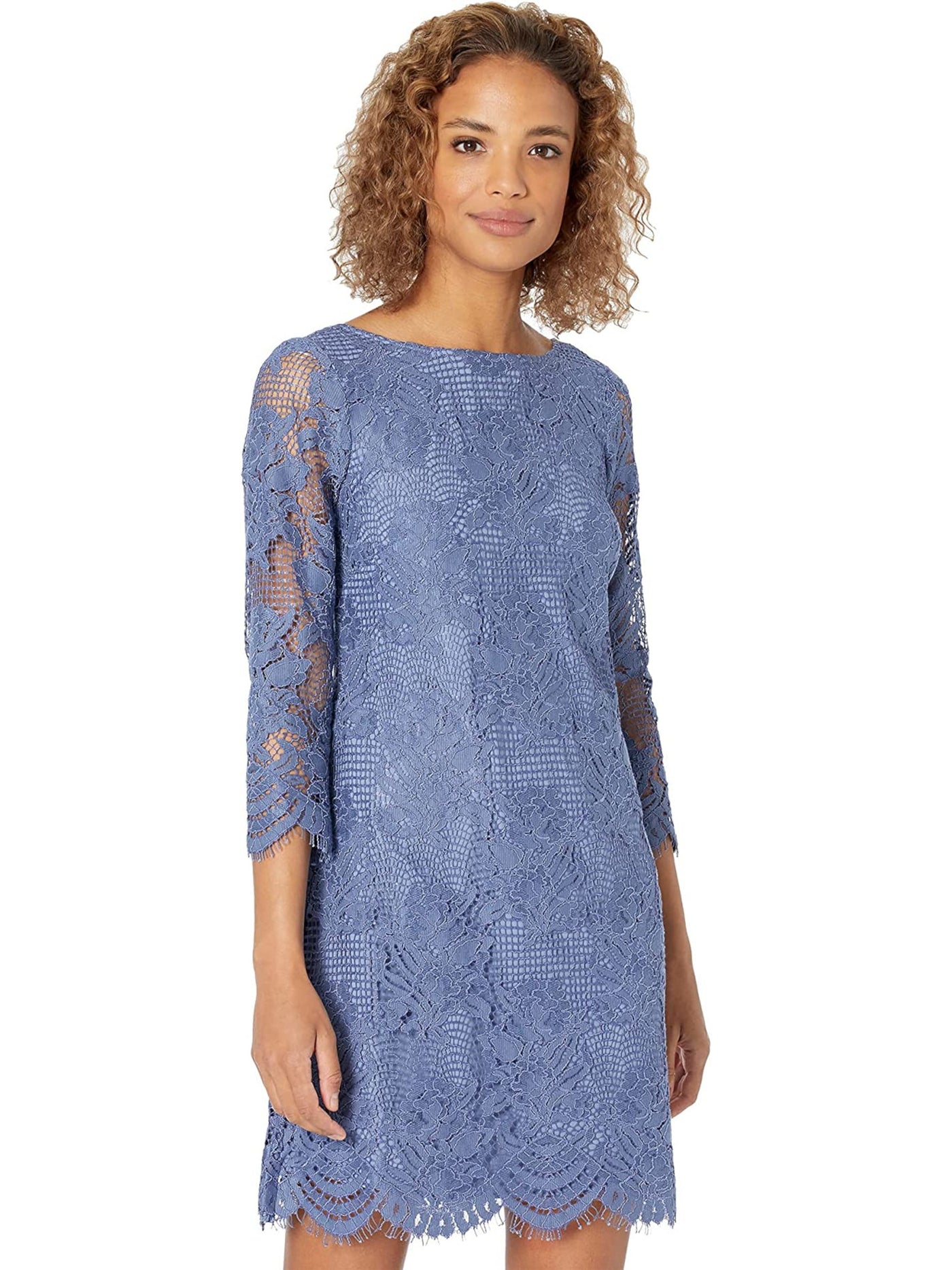 VINCE CAMUTO Womens Blue Zippered Scalloped Lace Lined V-back 3/4 Sleeve Boat Neck Short Cocktail Shift Dress 10