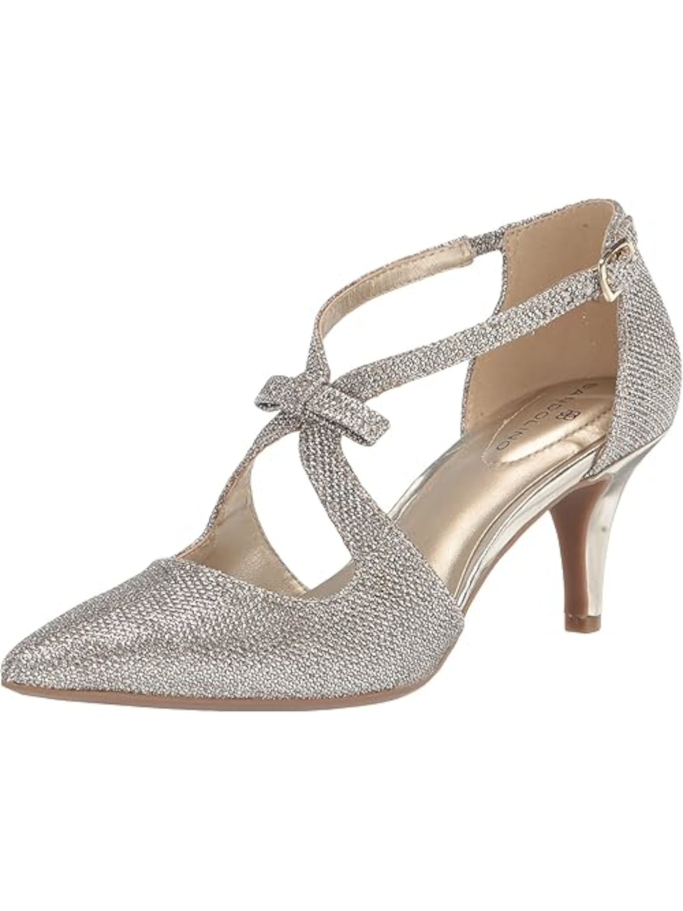 BANDOLINO Womens Gold Glitter Wish Bone Straps Bow Accent Padded Zeffer Pointy Toe Kitten Heel Buckle Dress Pumps Shoes 8 M