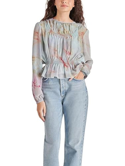 STEVE MADDEN Womens Green Smocked Lined Pyper Style Buttoned Back Keyhol Tie Dye Blouson Sleeve Round Neck Top XS