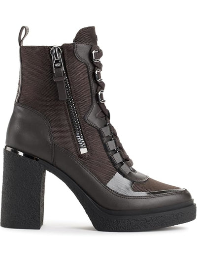 DKNY Womens Brown Mixed Media Lace Up Metallic Heel Lug Sole Padded Toia Almond Toe Block Heel Zip-Up Booties 6 M