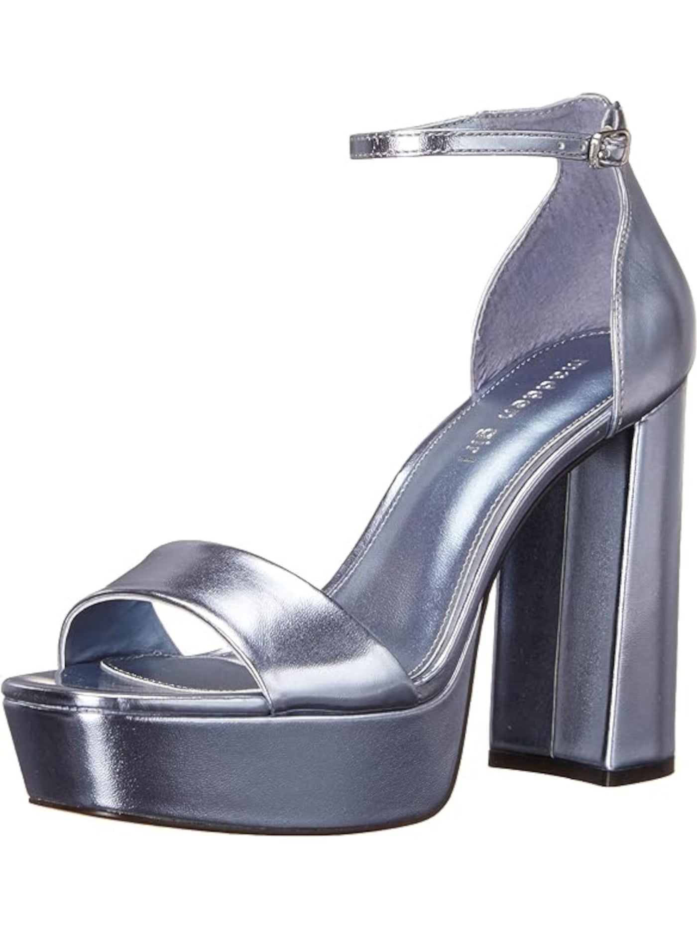 MADDEN GIRL Womens Silver 1-1/2" Platform Adjustable Ankle Strap Omega Square Toe Block Heel Buckle Dress Heeled Sandal 10 M