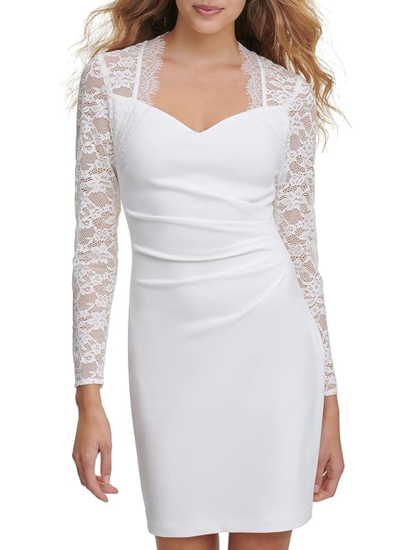 GUESS Womens Ivory Stretch Zippered Cut Out Lace Long Sleeve Queen Anne Neckline Mini Cocktail Body Con Dress 14