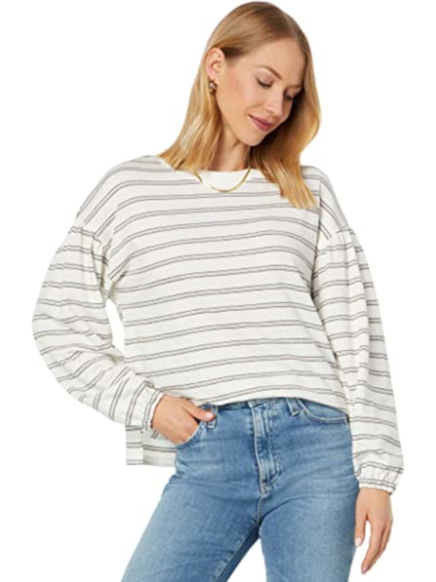 WEATHERPROOF VINTAGE Womens White Striped Balloon Sleeve Crew Neck Top L