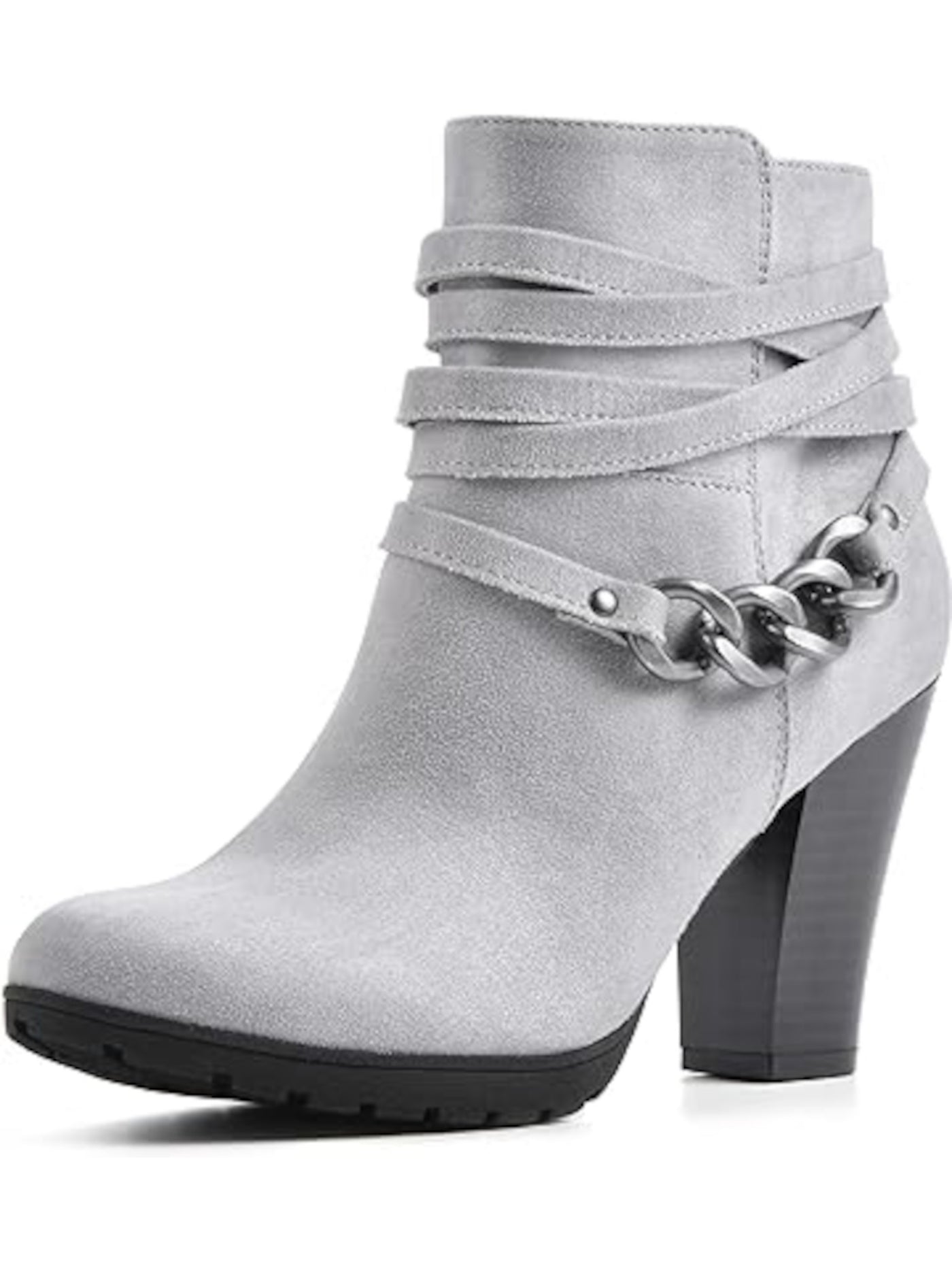 WHITE MOUNTAIN Womens Gray Chain Samuel Round Toe Stacked Heel Zip-Up Booties 6.5 M