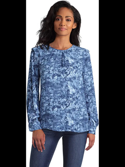 HALSTON Womens Blue Gathered Keyhole Back Curved Hem Printed Cuffed Sleeve Jewel Neck Wear To Work Blouse S