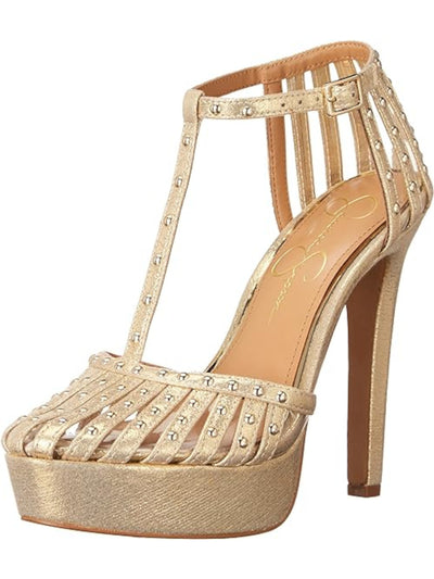 JESSICA SIMPSON Womens Gold Mixed Media Strappy Padded T-Strap Embellished Bakir Round Toe Stiletto Buckle Dress Pumps Shoes 9 M
