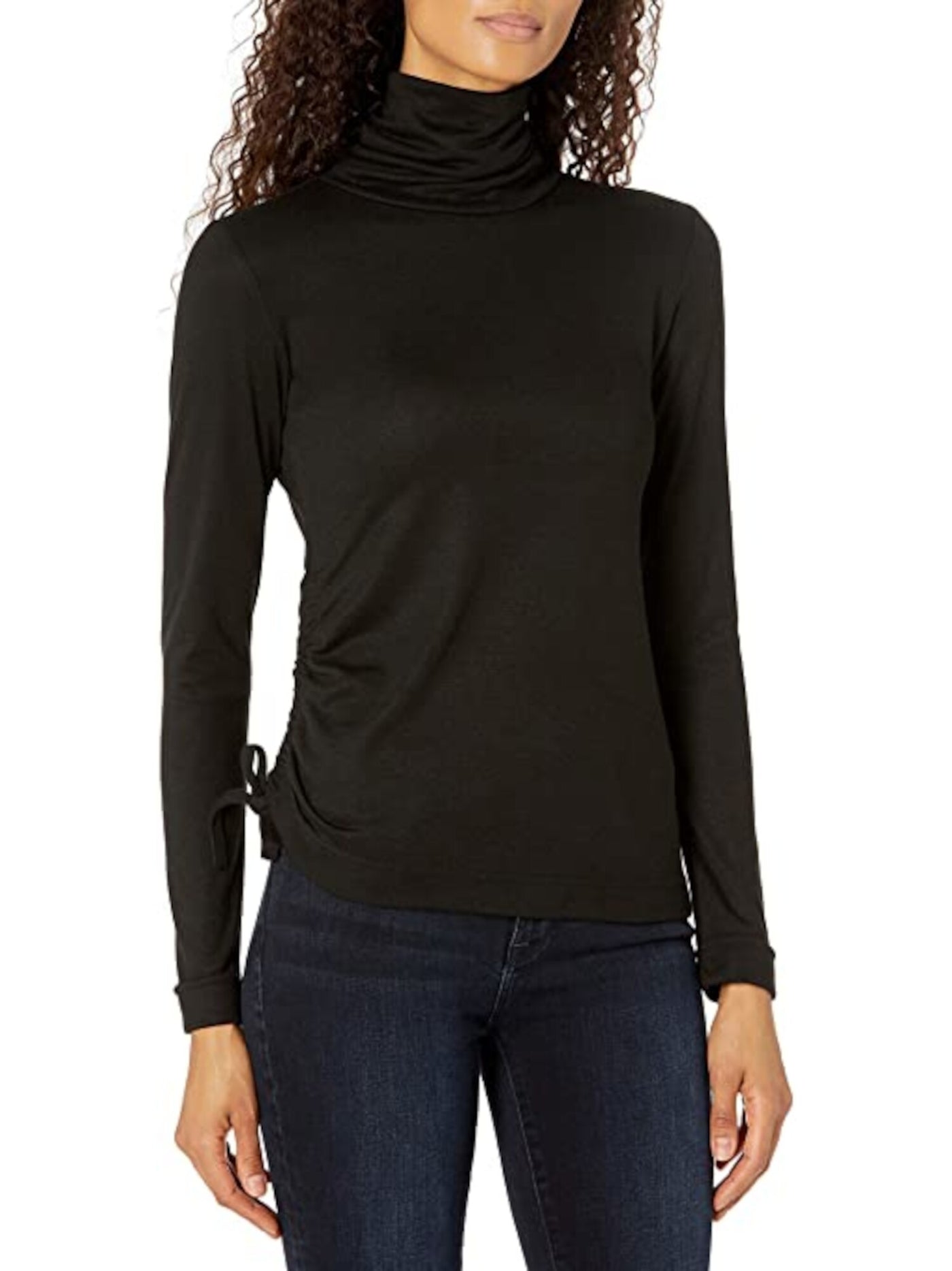 B NEW YORK Womens Stretch Fitted Ruched Asymmetrical Drawstring Tie Long Sleeve Turtle Neck Top