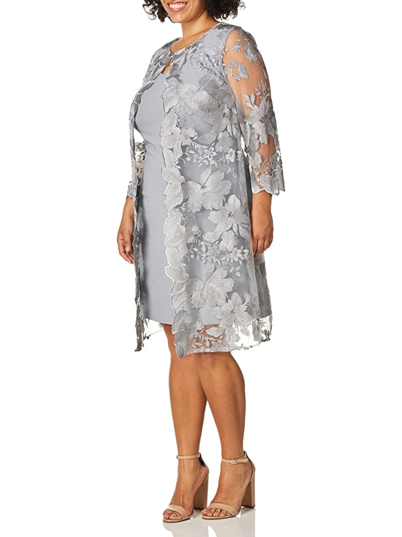 ALEX EVENINGS Womens Gray Stretch Embroidered Zippered Jacket Overlay 3/4 Sleeve Round Neck Above The Knee Party Shift Dress Plus 14W