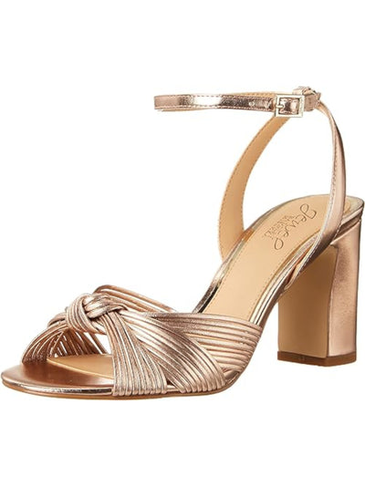 JEWEL BADGLEY MISCHKA Womens Gold Knotted Straps Ankle Strap Padded Christen Round Toe Block Heel Buckle Leather Dress Sandals Shoes 9