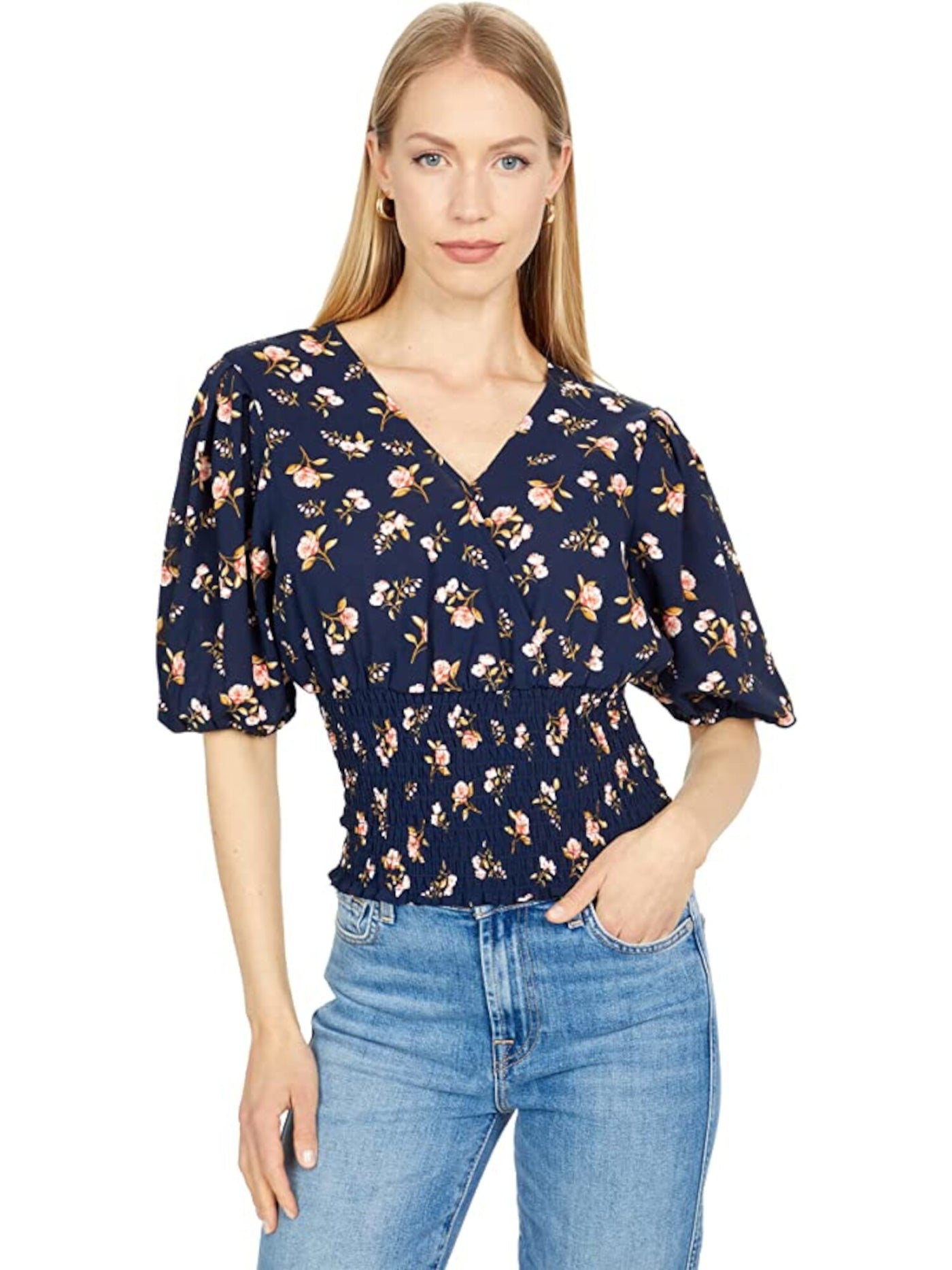 1. STATE Womens Navy Stretch Smocked Pleated Floral Pouf Sleeve Surplice Neckline Top XL