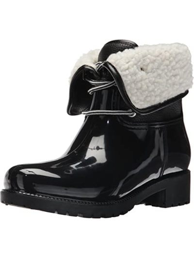 DAV Womens Black Cuffed Lug Sole Water Resistant Moisture Wicking Calgary Round Toe Block Heel Lace-Up Rain Boots 9 M