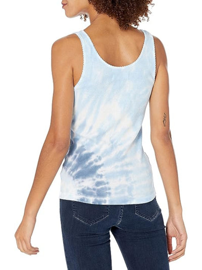 LUCKY BRAND Womens Blue Ribbed Scalloped Buttoned Henley Tie Dye Sleeveless Scoop Neck Tank Top XS