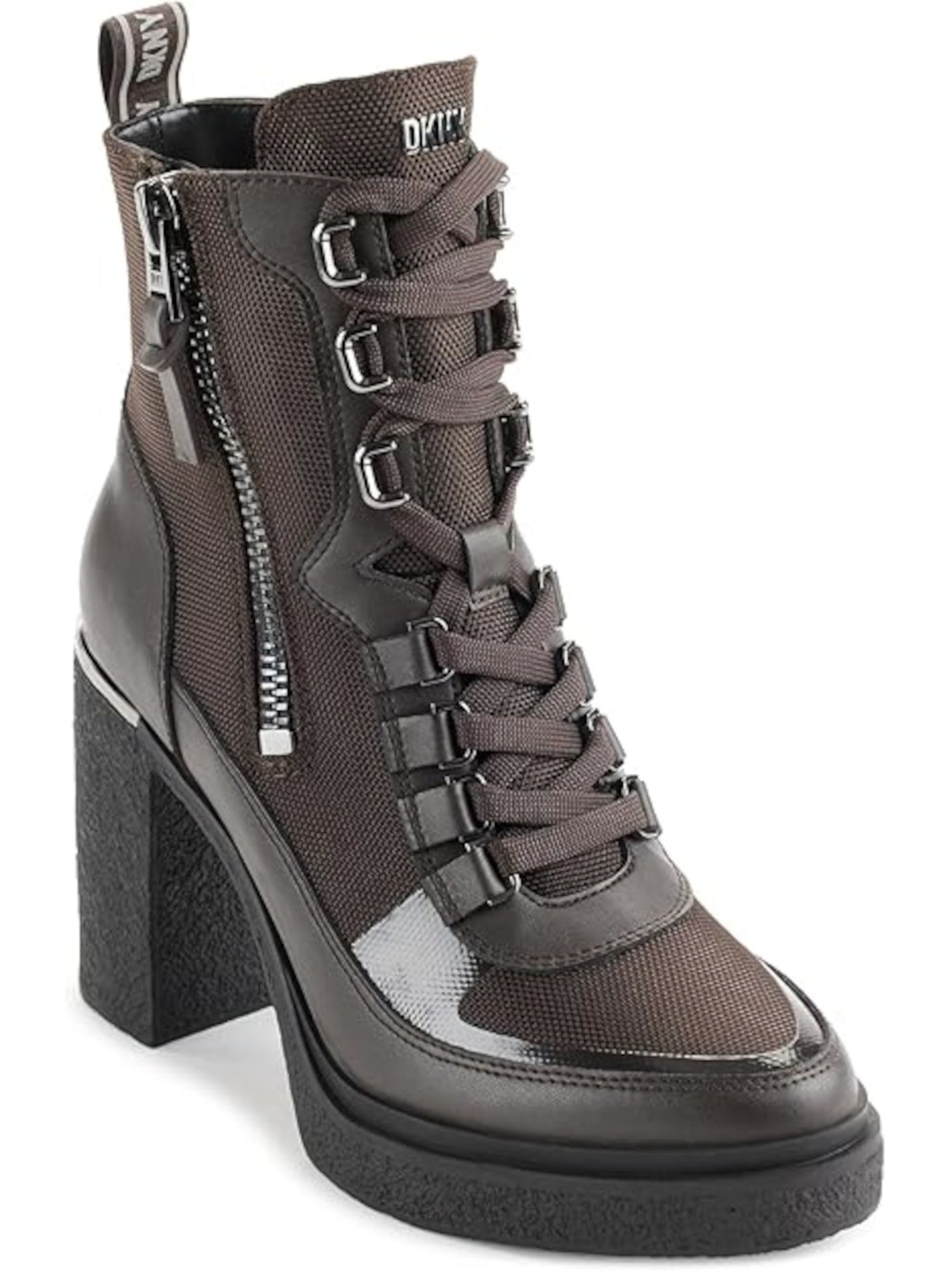 DKNY Womens Brown Mixed Media Lace Up Metallic Heel Lug Sole Padded Toia Almond Toe Block Heel Zip-Up Booties 6 M