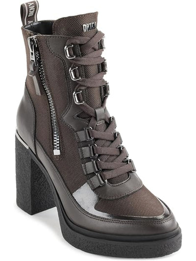 DKNY Womens Brown Mixed Media Lace Up Metallic Heel Lug Sole Padded Toia Almond Toe Block Heel Zip-Up Booties 6 M