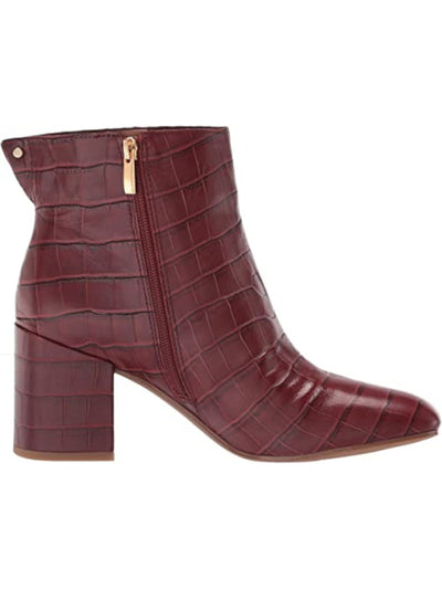 FRANCO SARTO Womens Maroon Crocodile Padded Studded Tina Square Toe Block Heel Zip-Up Leather Booties 7.5 M