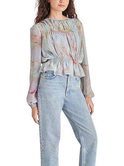 STEVE MADDEN Womens Green Smocked Lined Pyper Style Buttoned Back Keyhol Tie Dye Blouson Sleeve Round Neck Top XS