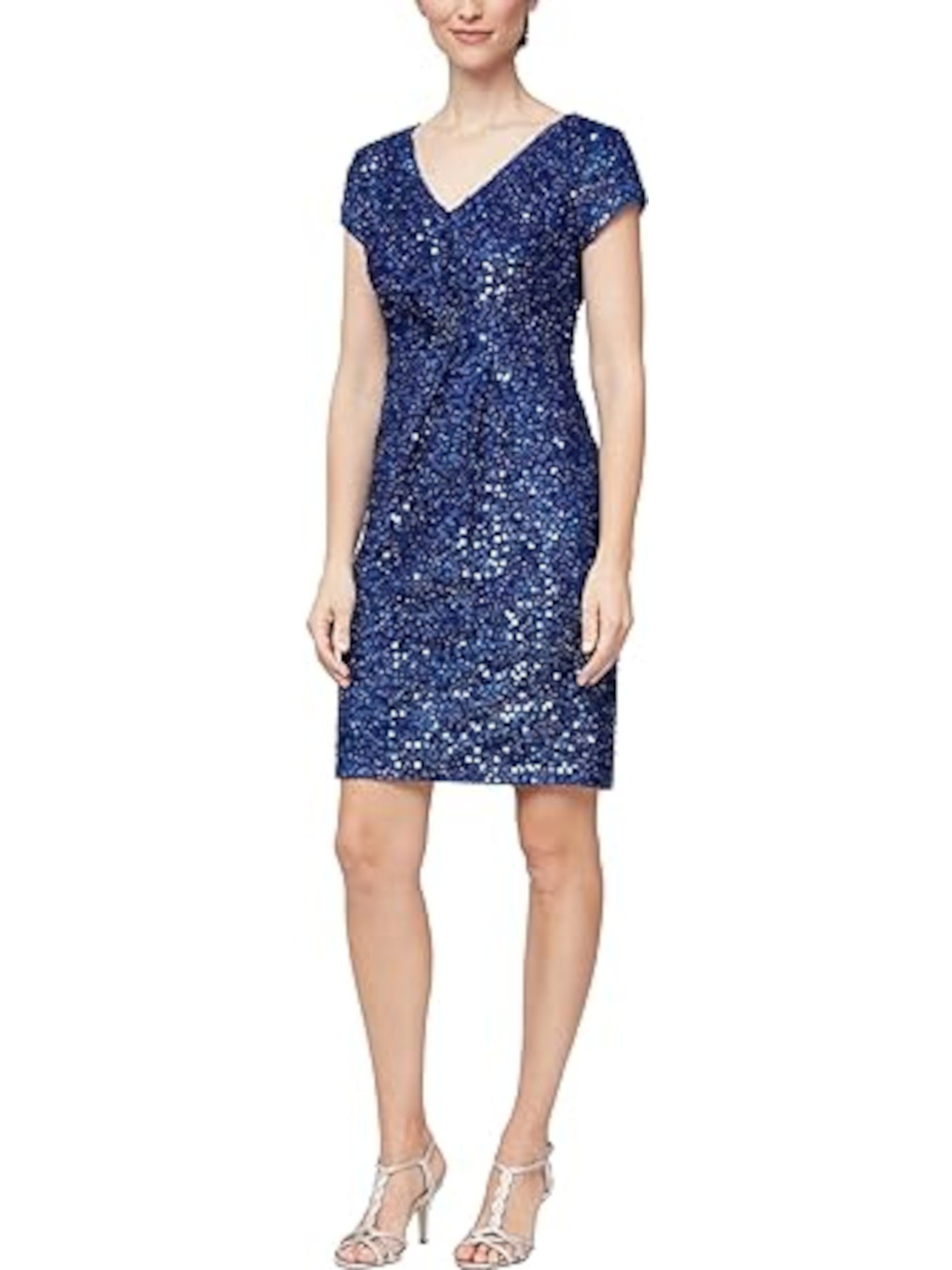 SLNY Womens Blue Stretch Sequined Zippered Textured Lined Pleated Short Sleeve V Neck Above The Knee Evening Sheath Dress 4