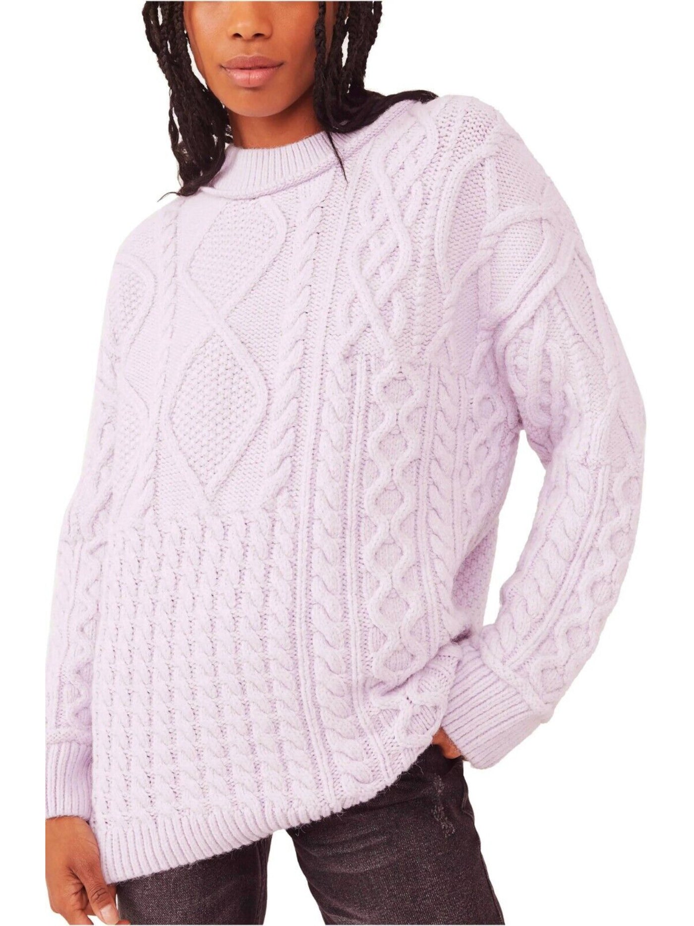FREE PEOPLE Womens Purple Ribbed Cable Knit Dropped Shoulders Long Sleeve Crew Neck Sweater S