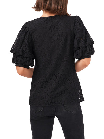 VINCE CAMUTO Womens Black Lace Pouf Sleeve V Neck Top S