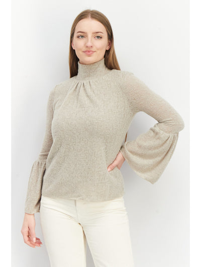AMADI Womens Beige Pleated Textured Curved Hem Bell Sleeve Turtle Neck Sweater M