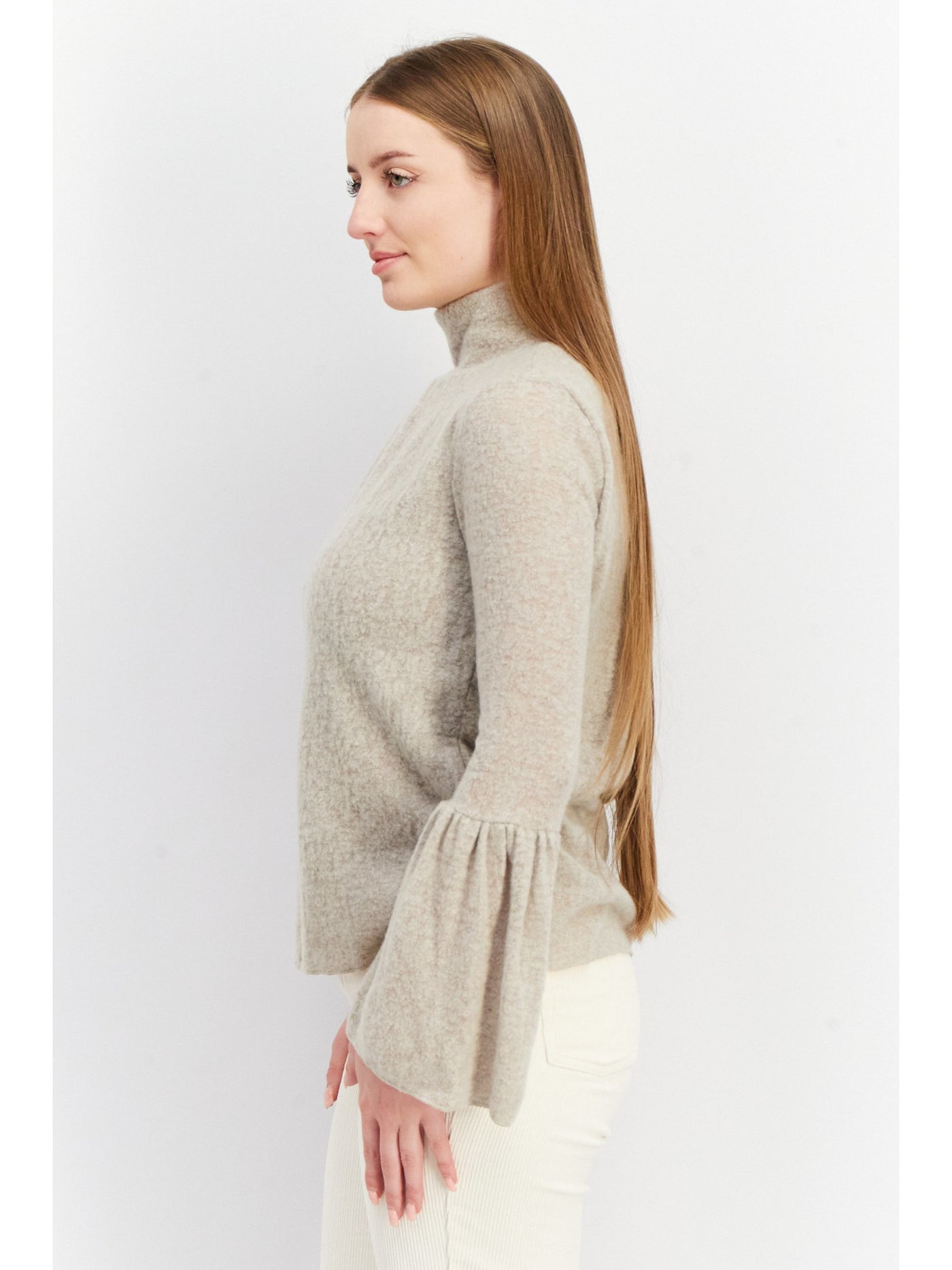 AMADI Womens Beige Pleated Textured Curved Hem Bell Sleeve Turtle Neck Sweater M