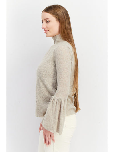 AMADI Womens Beige Pleated Textured Curved Hem Bell Sleeve Turtle Neck Sweater M