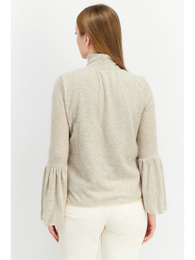 AMADI Womens Beige Pleated Textured Curved Hem Bell Sleeve Turtle Neck Sweater M