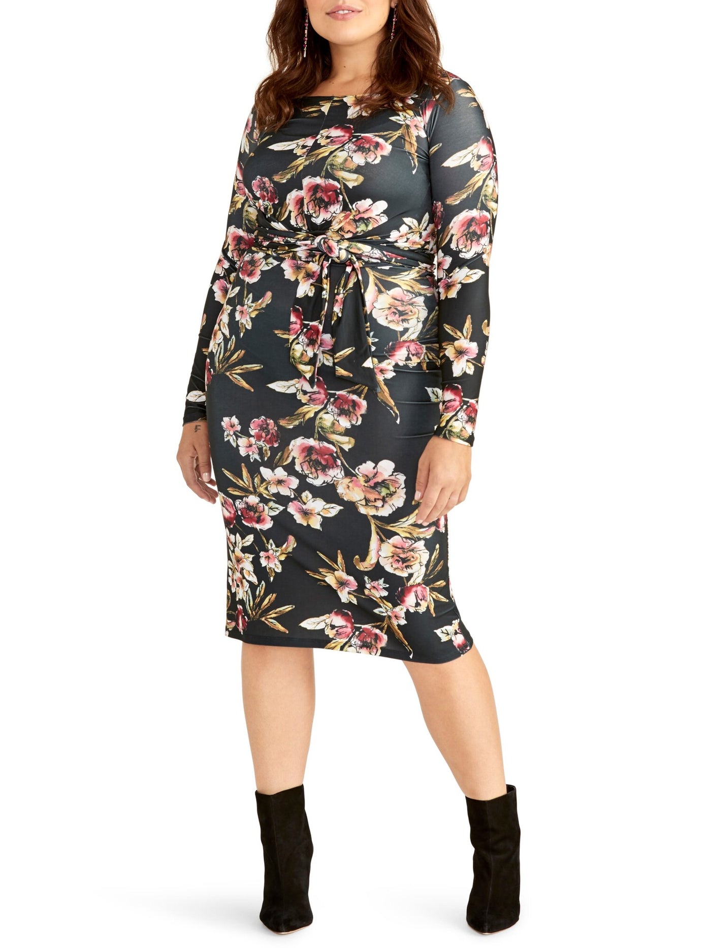 RACHEL RACHEL ROY Womens Black Belted Floral Long Sleeve Jewel Neck Midi Wear To Work Shift Dress Plus 3X