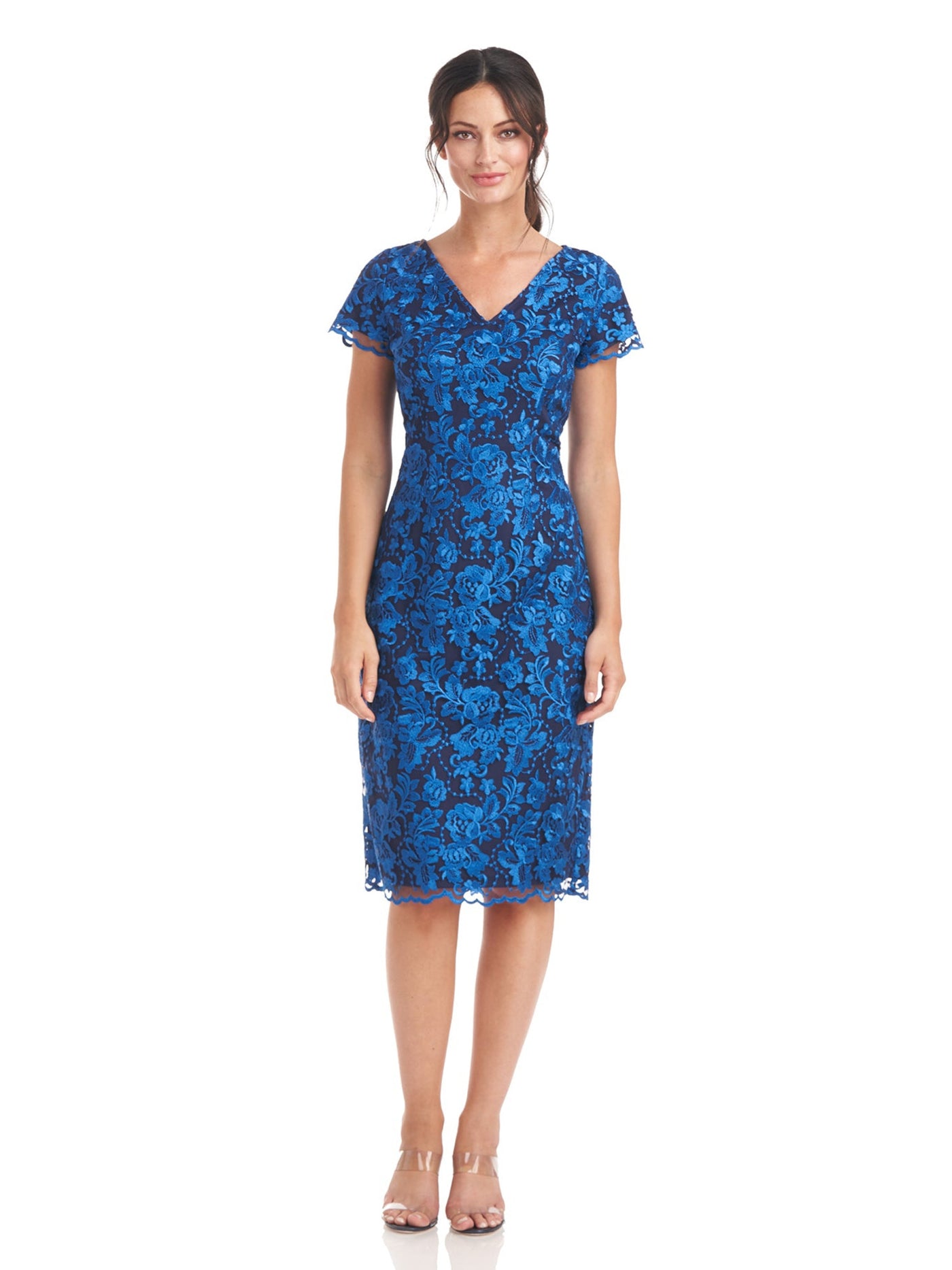 JS COLLECTIONS Womens Blue Embroidered Zippered Scalloped Mesh Floral Short Sleeve V Neck Below The Knee Party Sheath Dress 6